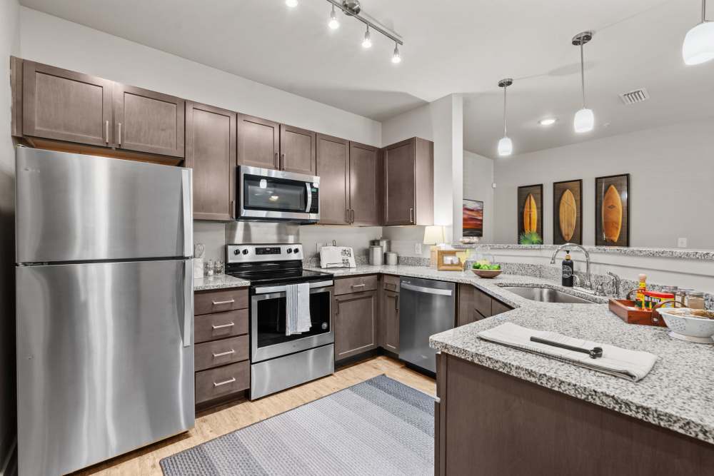 Fully furnished apartment kitchen at Pier Park Crossings in Panama City Beach, Florida