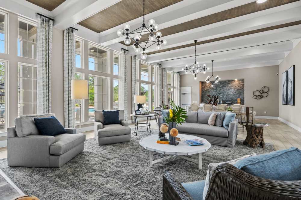 Seating area near fireplace at Pier Park Crossings in Panama City Beach, Florida