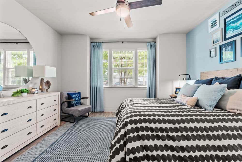 Apartment bedroom with large window at Pier Park Crossings in Panama City Beach, Florida