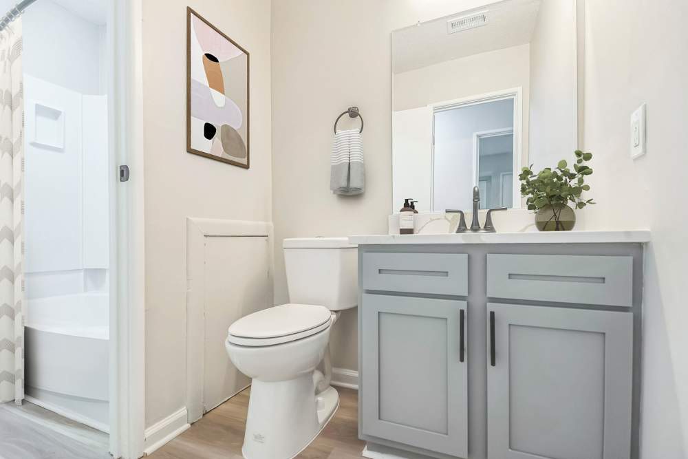 Renovated bathroom with tub at Ramblewood Village Apartments in Mount Laurel, New Jersey
