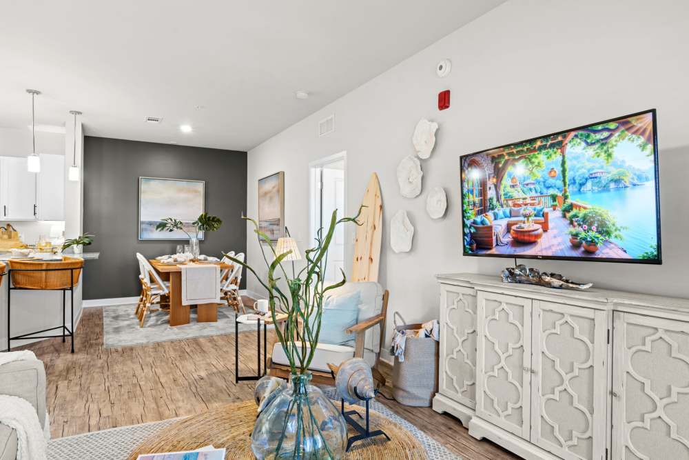 Two bedroom apartment in Mexico Beach, FL with wood style flooring.