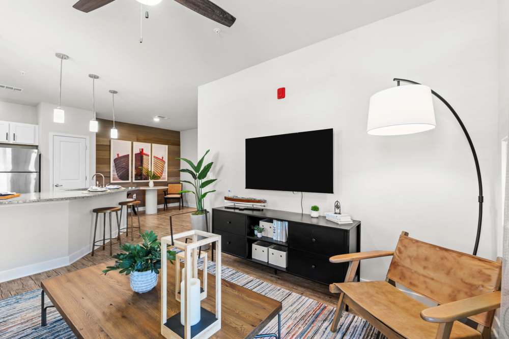 One bedroom apartment in Mexico Beach, FL with wood style flooring, coffee table, and television.