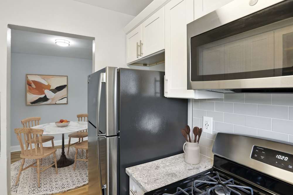 Stainless steel appliances in the kitchen at Eagle Rock Apartments at Hicksville/Jericho in Hicksville, New York