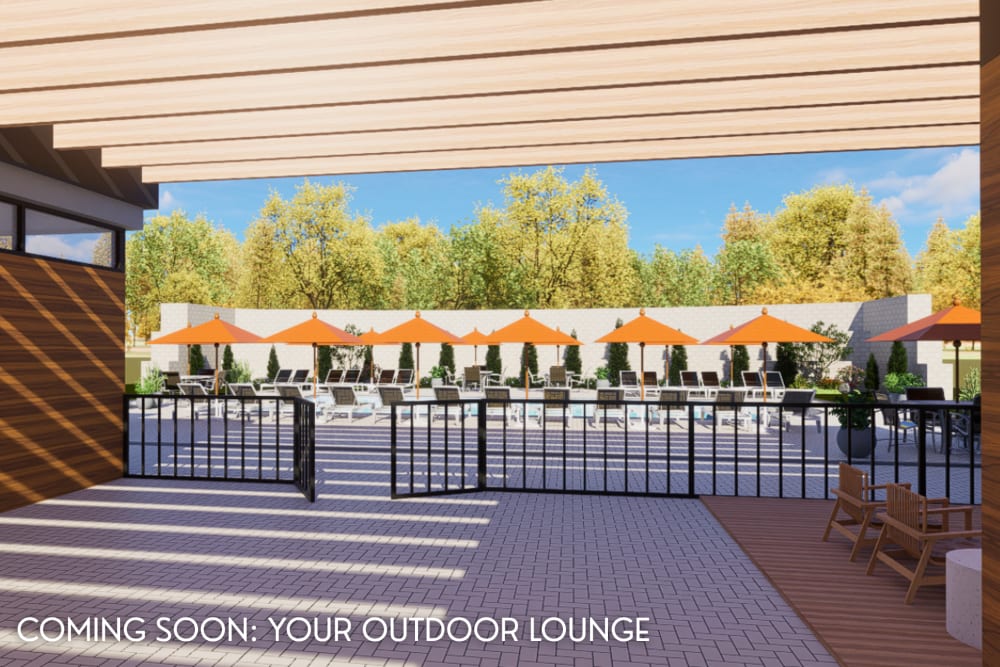 Resort-style swimming pool with lounge chairs and orange umbrellas, coming soon at Eagle Rock Apartments at Woodbury in Woodbury, New York