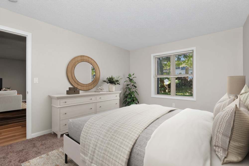 Furnished renovated bedroom at Eagle Rock Apartments at Mohegan Lake in Mohegan Lake, New York