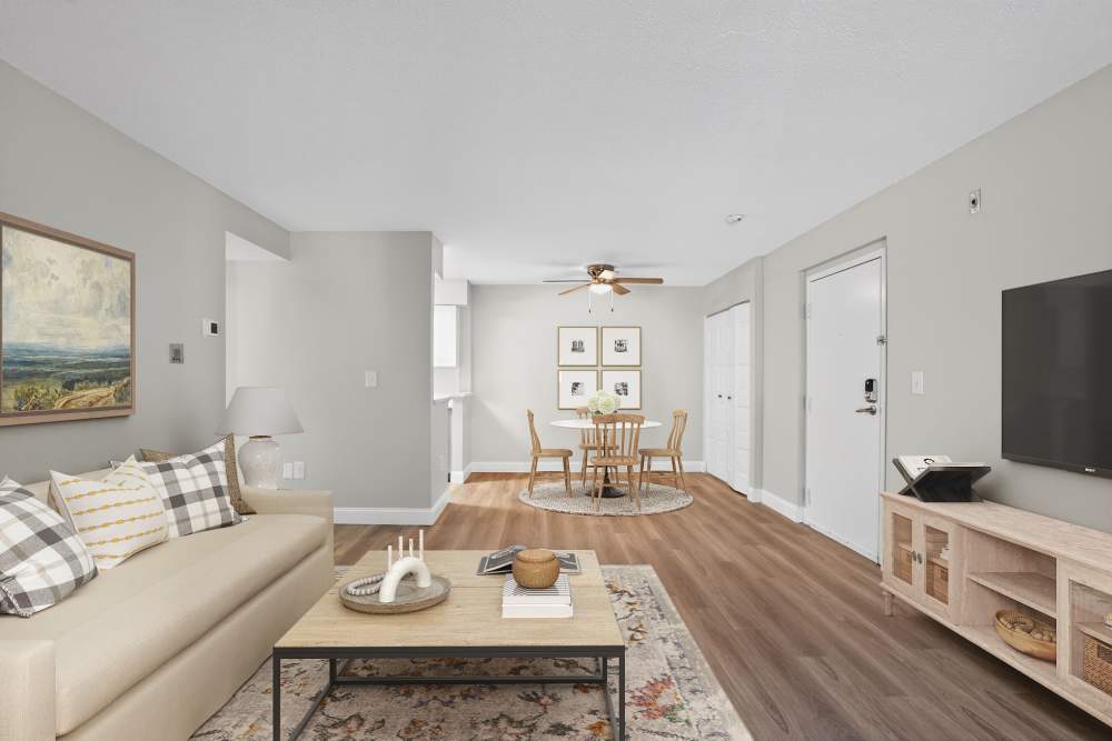 Modern living room open concept at Bay Ridge at Nashua Apartments in Nashua, New Hampshire