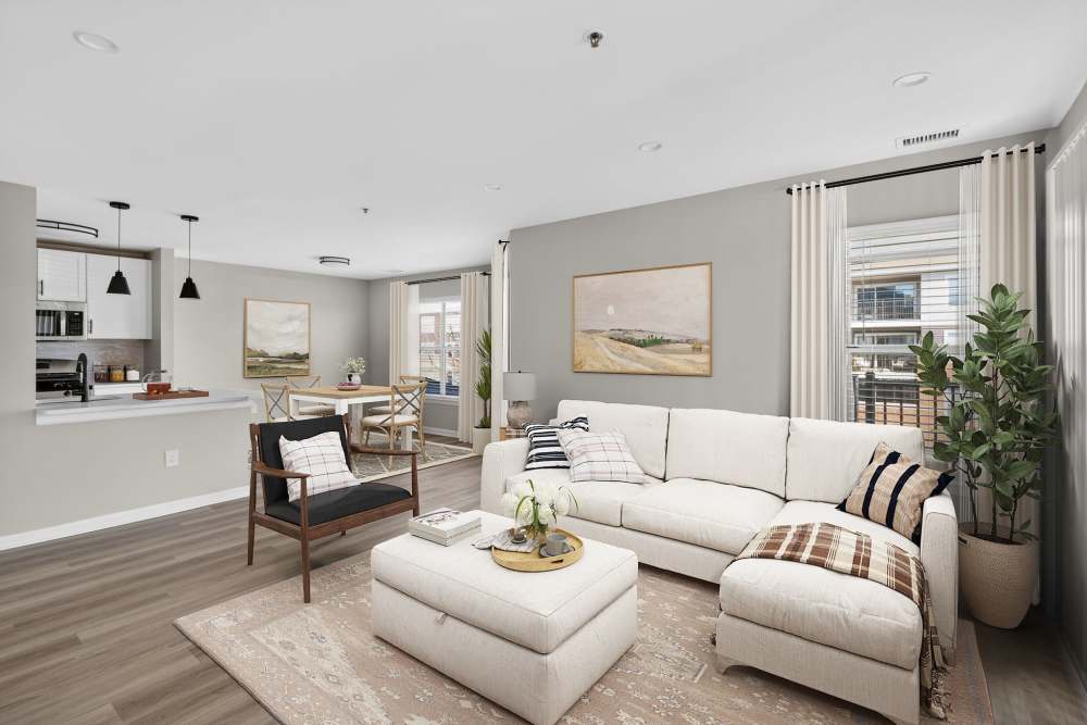 Living room with entryway to kitchen at Eagle Rock Apartments at Columbia Pike in Arlington, Virginia