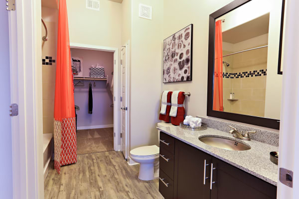 Large bathroom with granite countertop and walk-in closet in model home at The Hyve in Tempe, Arizona