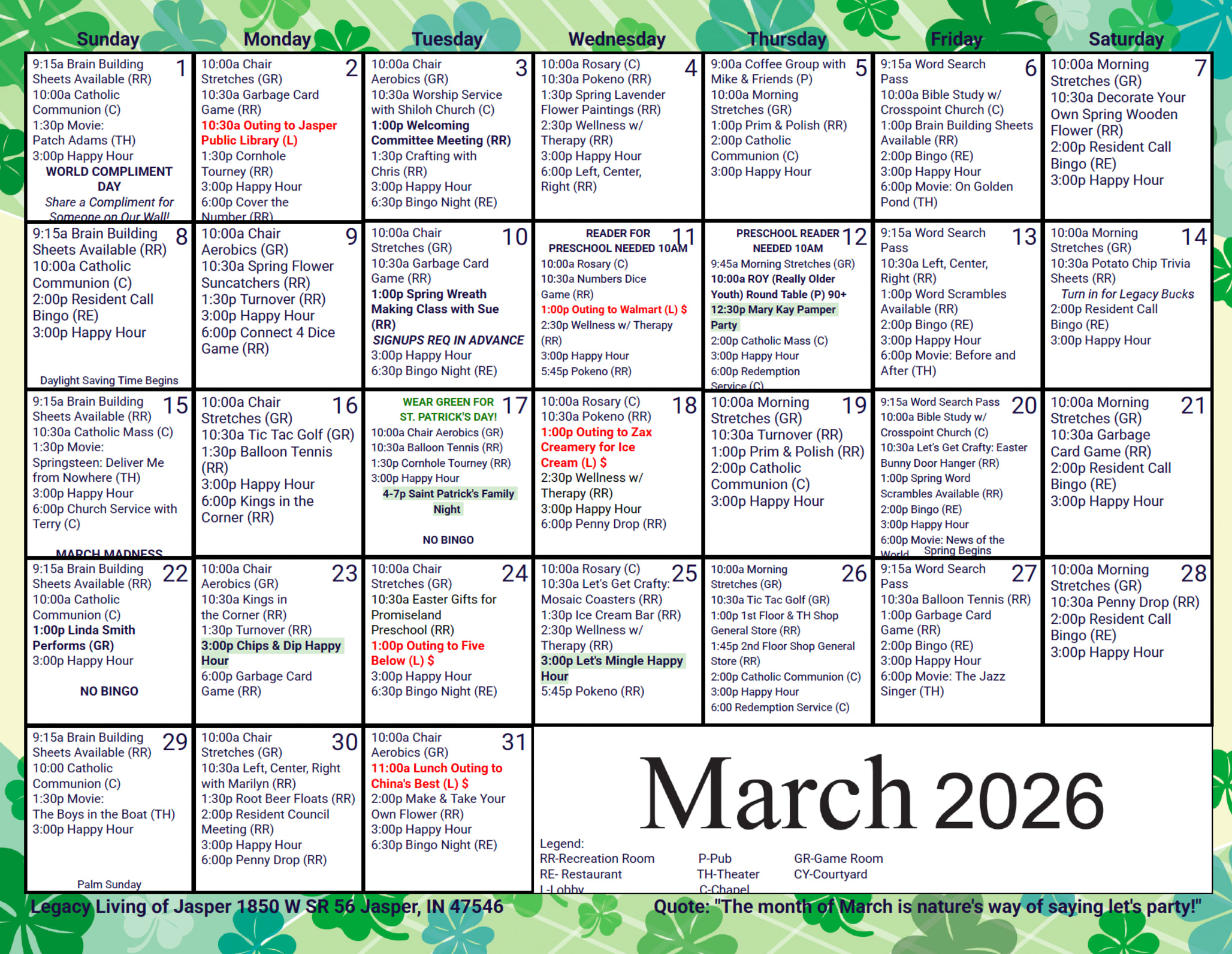 March Calendar at Legacy Living Jasper in Jasper, Indiana