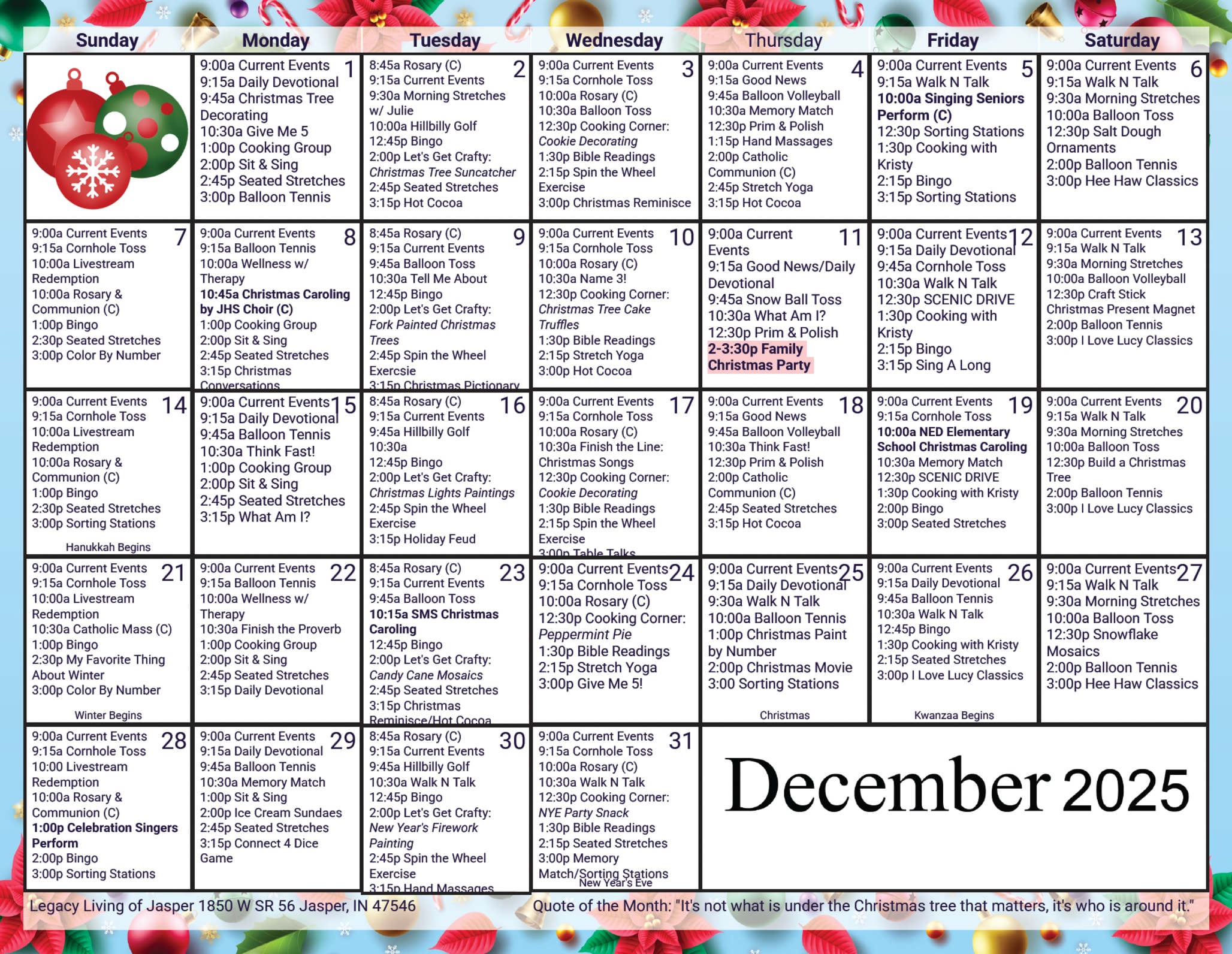 December Calendar at Legacy Living Jasper in Jasper, Indiana