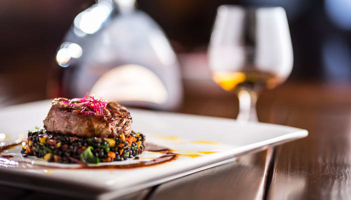 ornate steak dish served at The Springs at Veranda Park in Medford, Oregon