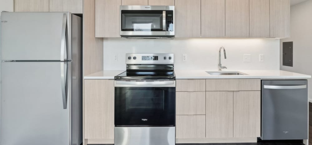 Modern kitchens with stainless steel appliances at Rothko Residences in Portland, Oregon