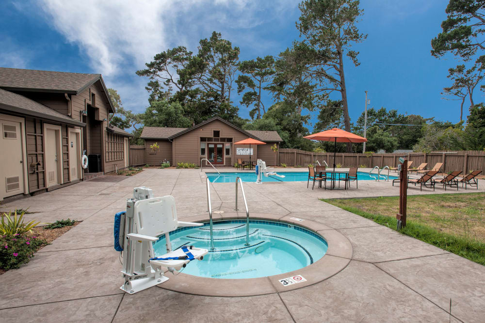Pool and hot tub at Seventeen Mile Drive Village Apartment Homes in Pacific Grove, California
