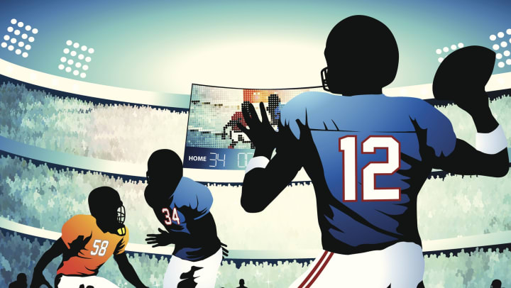 An illustration of a football player throwing a ball to another player who’s being tailed by a defensive player