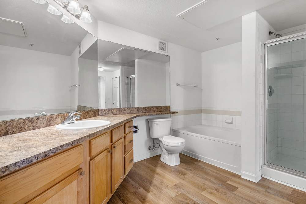 Bathroom with hardwood-style flooring at Briargate on Main in Parker, Colorado