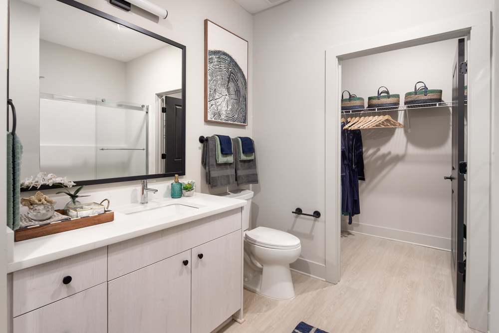 En-suite bathrooms and walk-in closets at Cypress Point Luxury Apartments outside of Charlotte