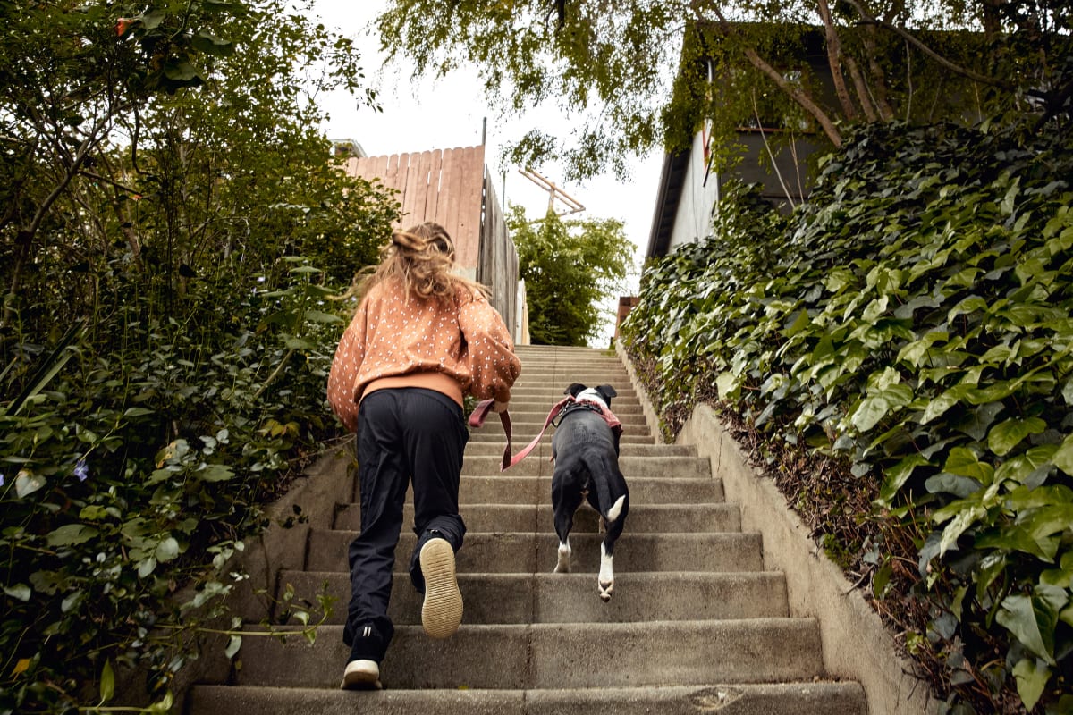 Resident walking her dog near Rutledge Flats in Nashville, Tennessee