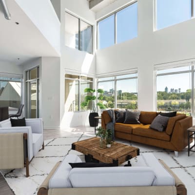 Gorgeous living room with tall ceilings at Park at Vinings in Smyrna, Georgia
