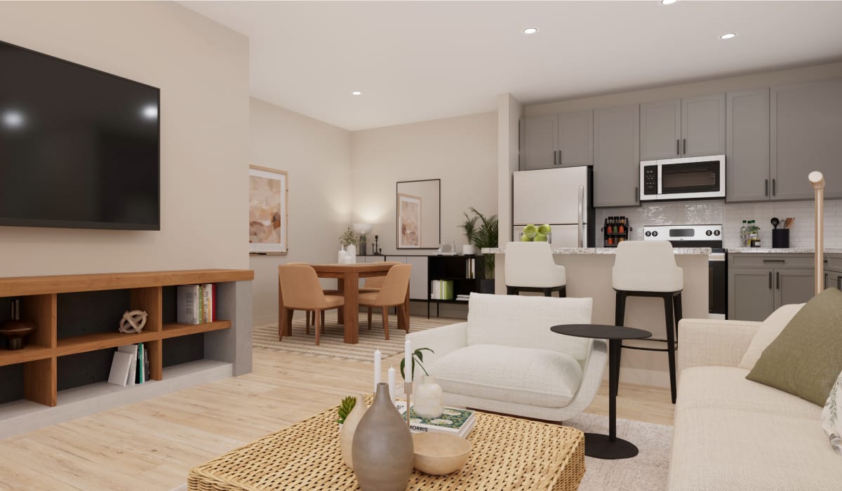 Blanco floor plan living room and kitchen with grey cabinets at Remington Lake Apartments in Hamilton, Ohio