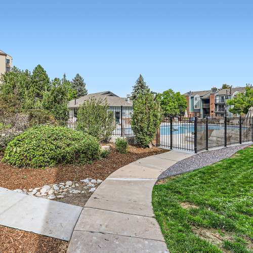 Walkways leading to the pool area at Edge DTC in Denver, Colorado