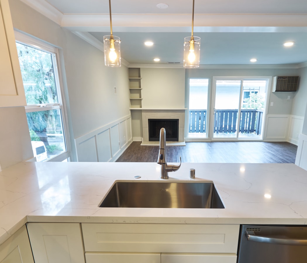 Bright kitchen looking into the living room at Ladera in Lafayette, California