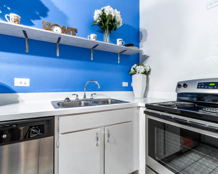 Modern kitchen with stainless-steel appliances in a model home at Clear Lake Place in Houston, Texas