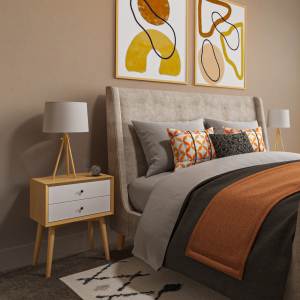 A stylish urban interior design in the master bedroom at EVOQ East Cobb in Marietta, Georgia