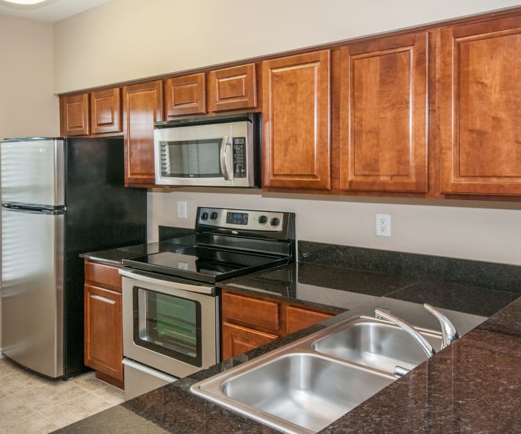 Stainless-steel appliances and granite countertops in model home's kitchen at Rosemont at Olmos Park in San Antonio, Texas