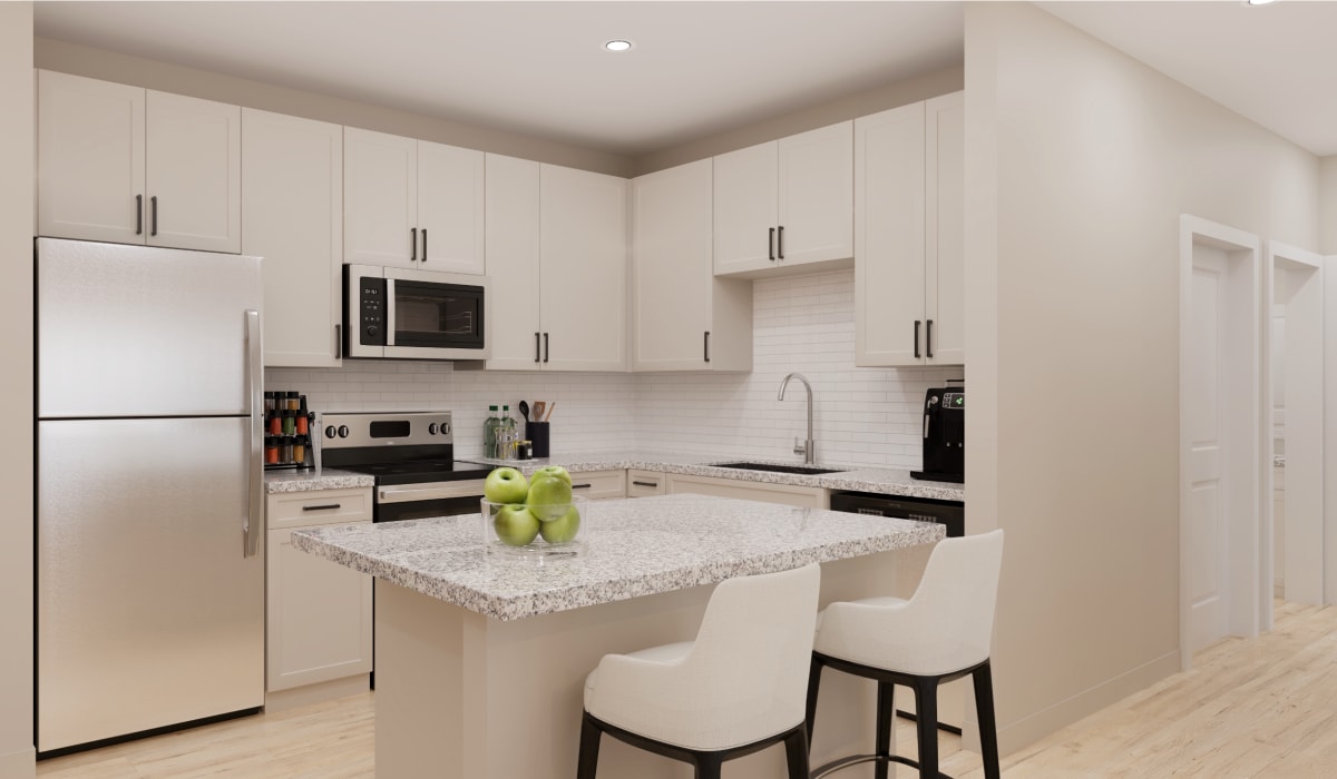 Blanco floor plan kitchen with white cabinets at Remington Lake Apartments in Hamilton, Ohio