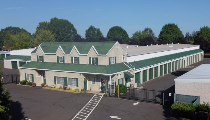 Aerial view of Private Storage Systems with drive-up storage units and electronic gated access in Escondido, California