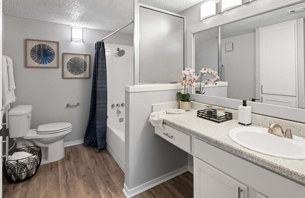Bright bathroom with wood-style flooring and white vanity unit at 18Eleven Frankford in Carrollton,Texas
