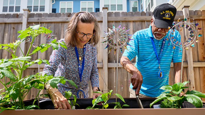 Harmony at Waldorf residents growing vegetables and herbs in their senior living community patio garden