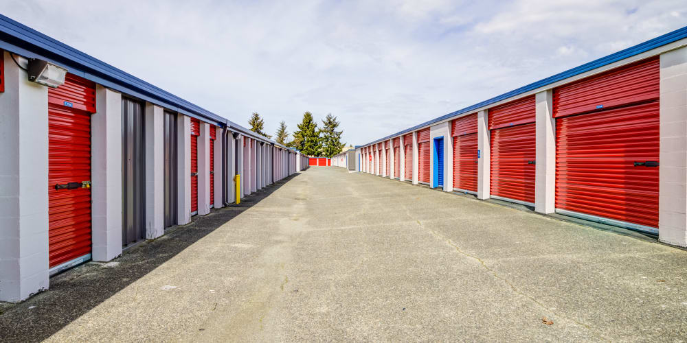 outdoor units with orange doors at Trojan Storage of Lynnwood in Lynnwood, Washington