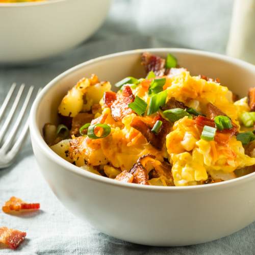 Bowl of scrambled eggs with bacon and green onions at Webster Glen in Peebles, Ohio