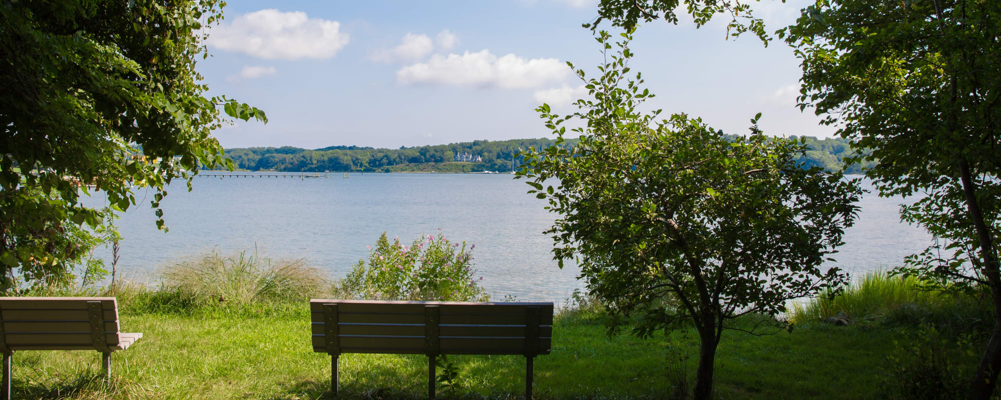 a sitting bench right on the water at Arundel Estates in Annapolis, Maryland