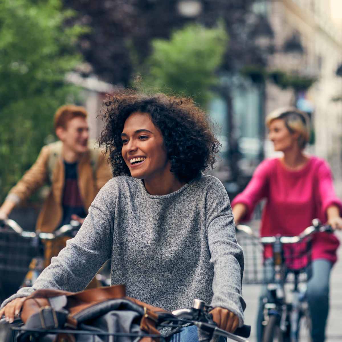 Friends riding bikes near The Annex at Bridgeton in Portland, Oregon