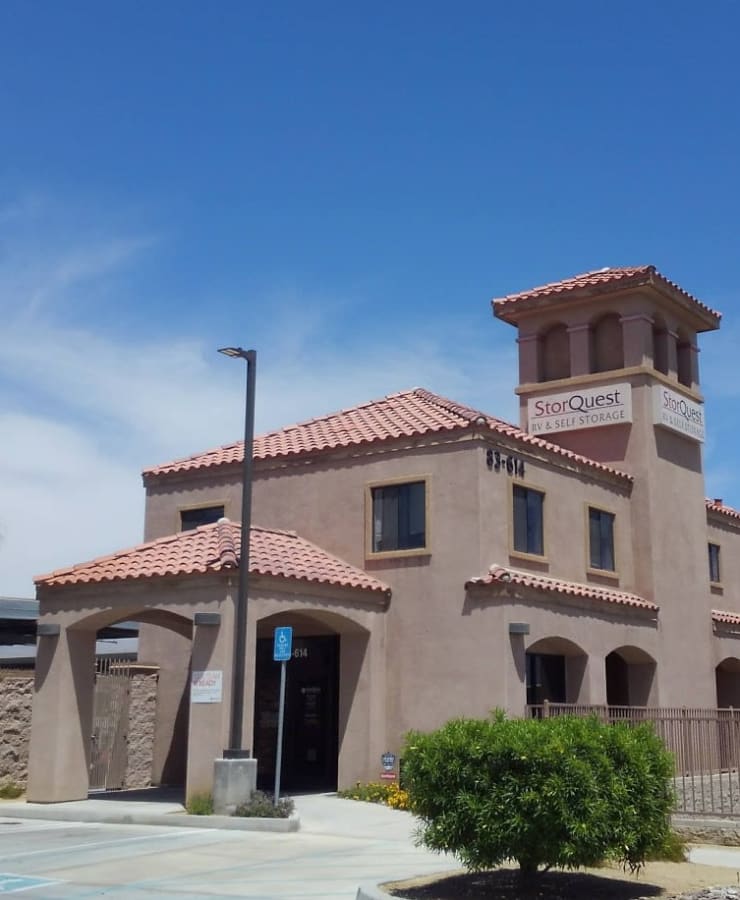 The exterior of the main entrance at StorQuest RV/Boat and Self Storage in Indio, California