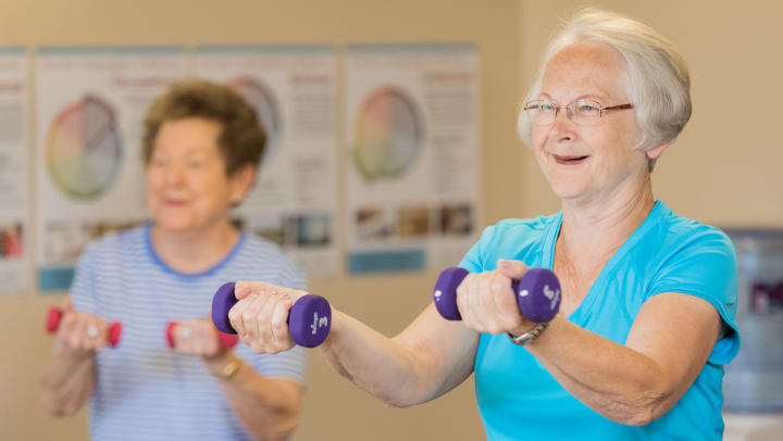 Image of Touchmark residents lifting weights.