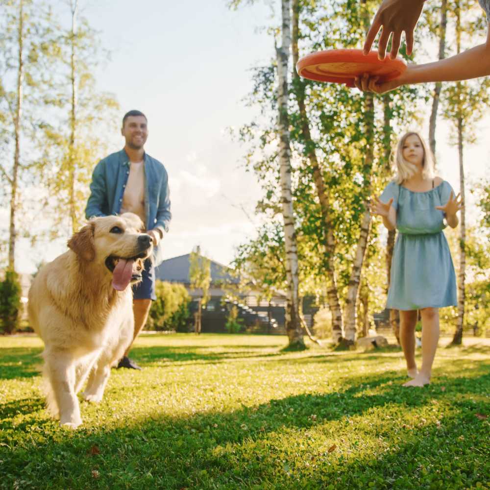 Family playing with their pet in a park near South Oak Villas in Garrett, Indiana