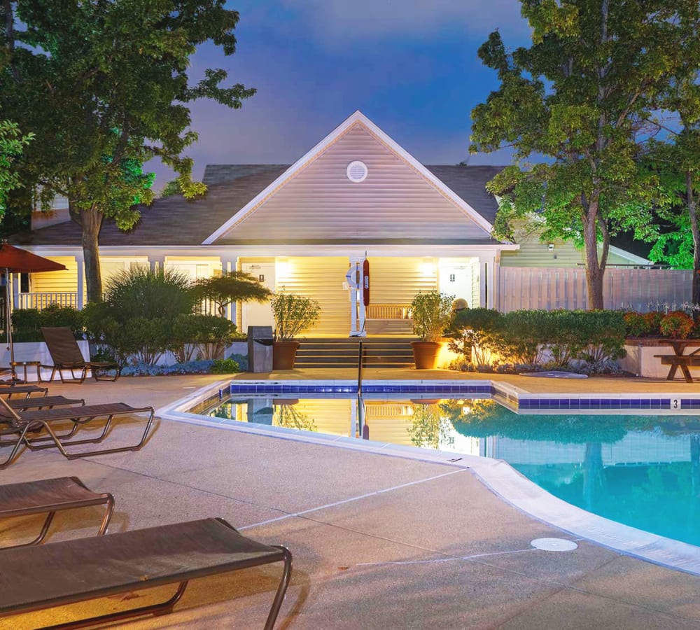 The community swimming pool at dusk at Springwoods at Lake Ridge in Woodbridge, Virginia