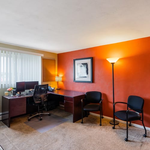 Bedroom converted into an office at Monroe Terrace Apartments in Monroe, Ohio