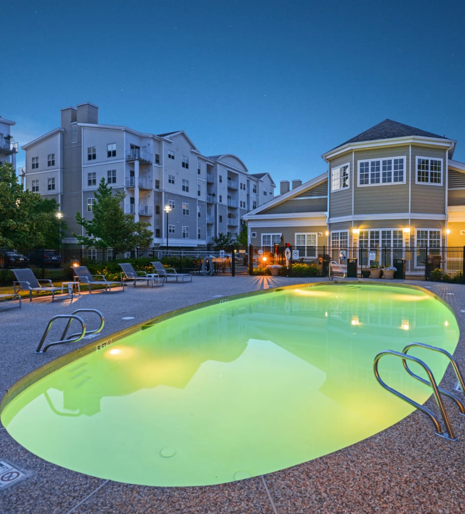 Large outdoor swimming pool overlooking units at Sofi Danvers in Danvers, Massachusetts