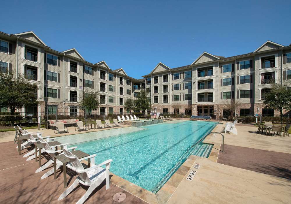 Apartment community swimming pool at Nantucket at Fannin Station in Houston, Texas