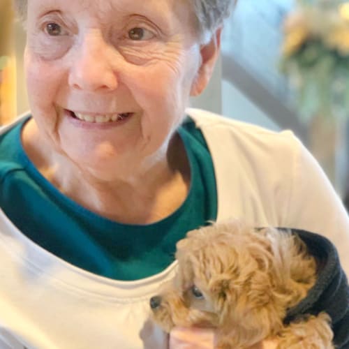 Happy masked caretaker at The Oxford Grand Assisted Living & Memory Care in Wichita, Kansas