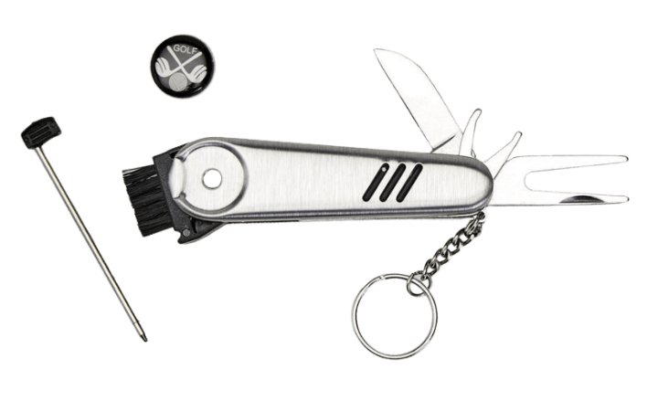 A stainless steel divot tool with a blade, cleat screw, ball marker, club brush, keyring and pen