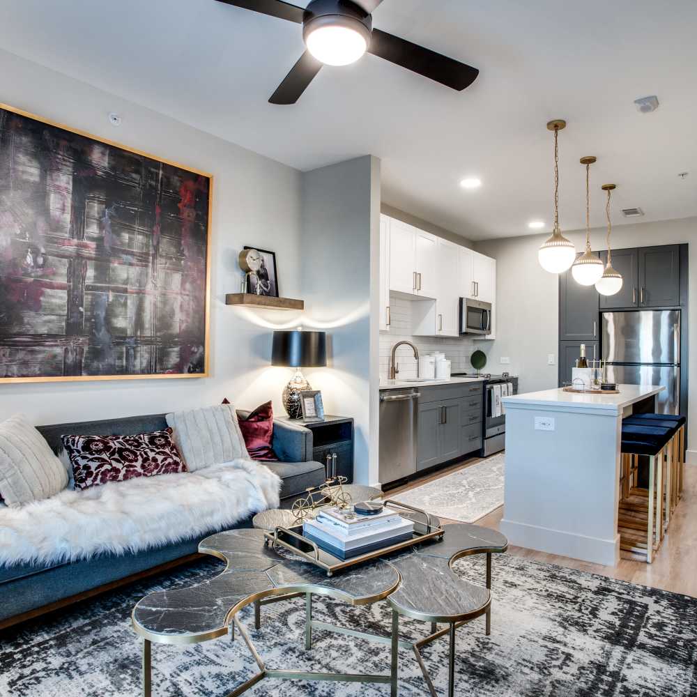 Dining and living area of an apartment home at Vance at Bishop Union in Dallas, Texas
