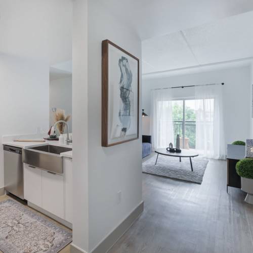 Kitchen and living room at The Kensington in Charlotte, North Carolina