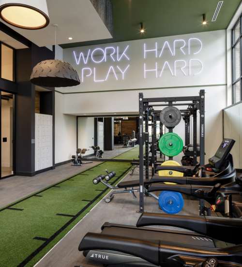 A view of fitness center at The Maximillian at Stonefield in Charlottesville, Virginia