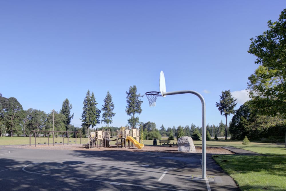 A basketball hoop next to the playground at Greenwood in Joint Base Lewis McChord, Washington