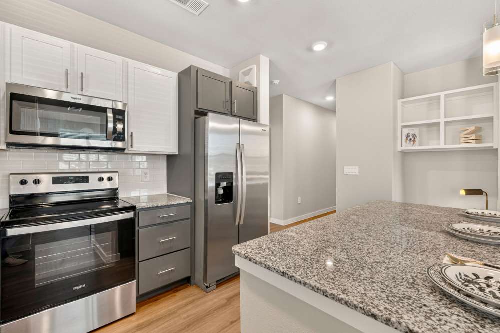 Kitchen with stainless steel appliances at The Springs at Georgetown in Georgetown, Texas
